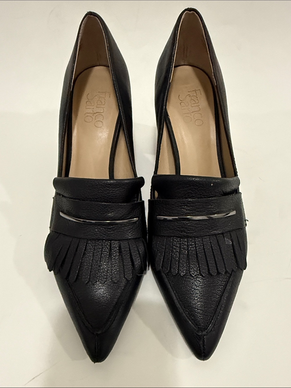 Franco Sarto Black Pointed Fringe Loafers with Metallic Accent